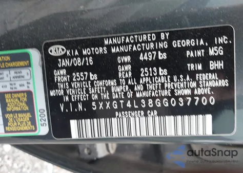 2016 Kia Optima Lx из США, поврежденный, VIN 5XXGT4L38GG037700